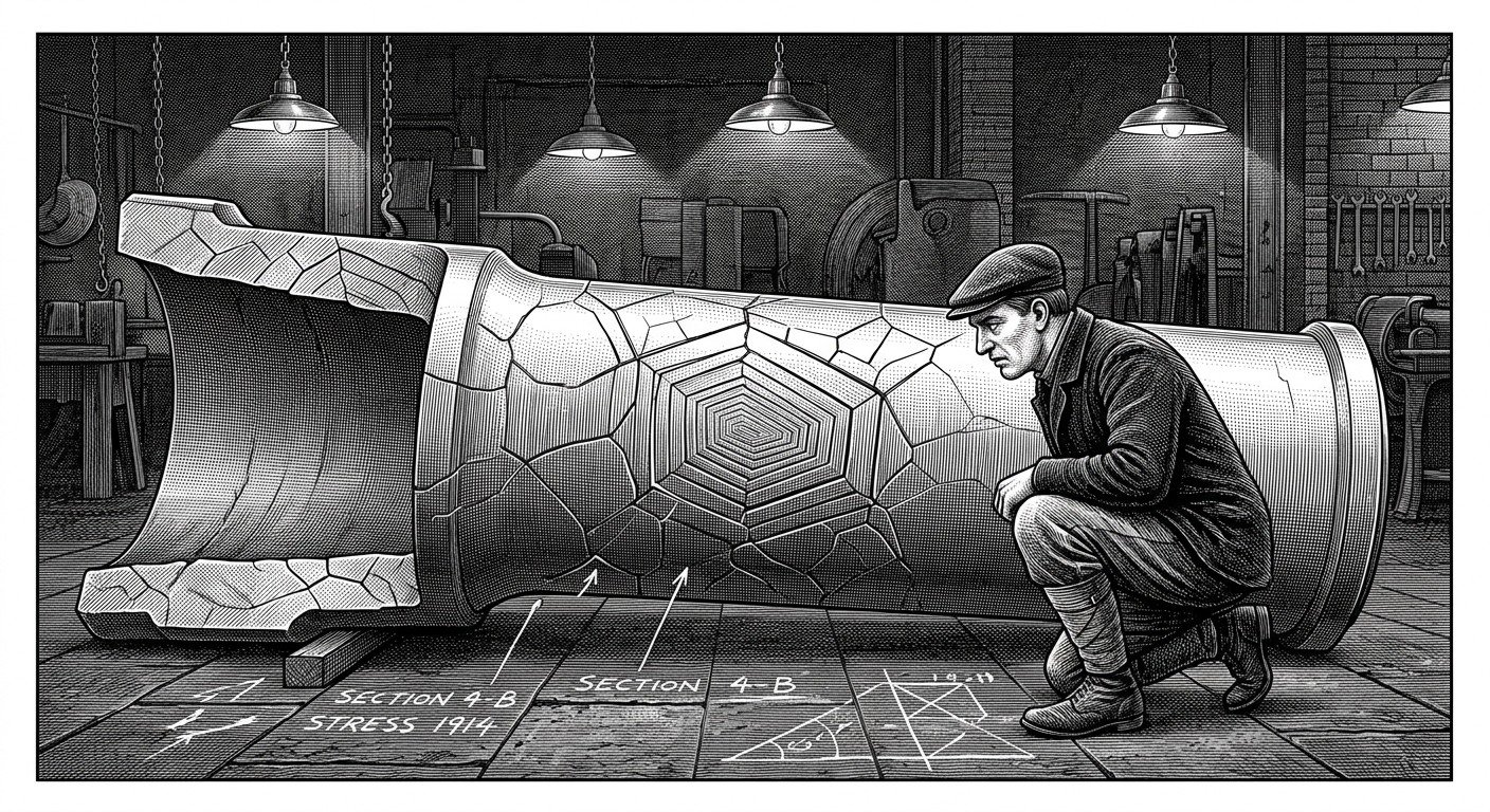 A worker examines a cracked bell-cannon throat, fractures running in unnaturally uniform grain-line patterns