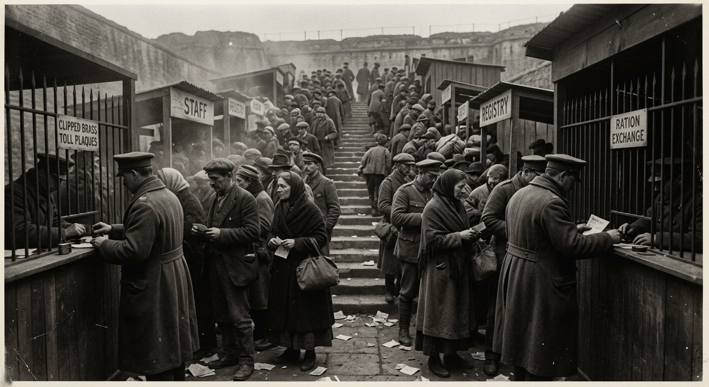The First Step Market — stair-token booths, ration exchange stalls, crowds pressing at stamp windows