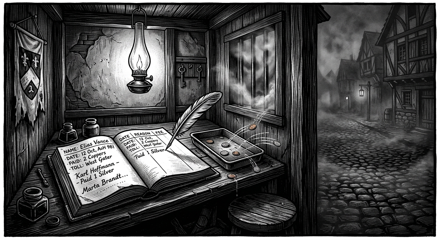 An empty tollhouse booth at night, a quill moving by itself across a ledger page in the lamplight