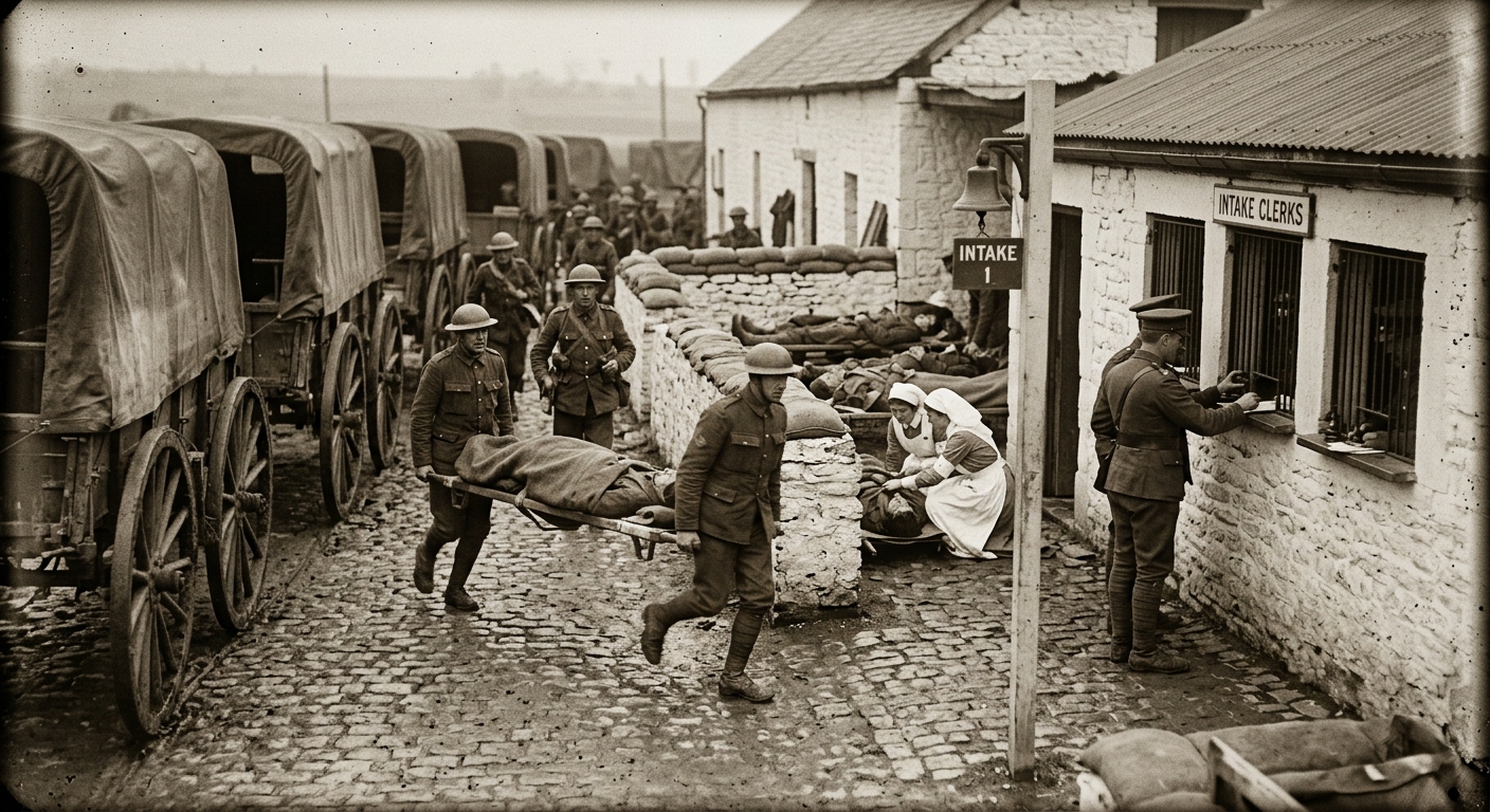 Stretcher runners sprinting through the Wagon Quays intake lanes between canvas-covered ossuary carts and triage pens
