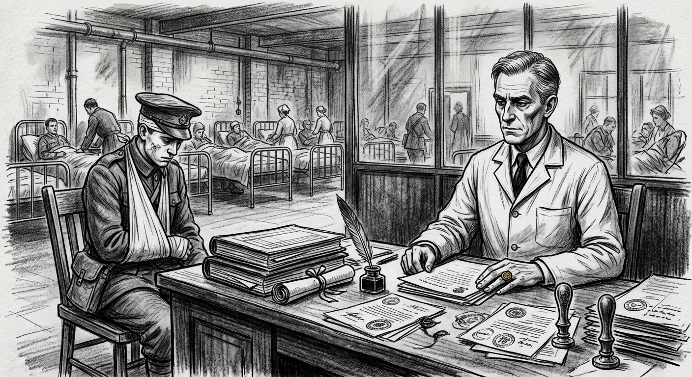 Chief Sealhand Orin at the notary desk, brass seal ring on his operating hand, a wounded soldier seated before him