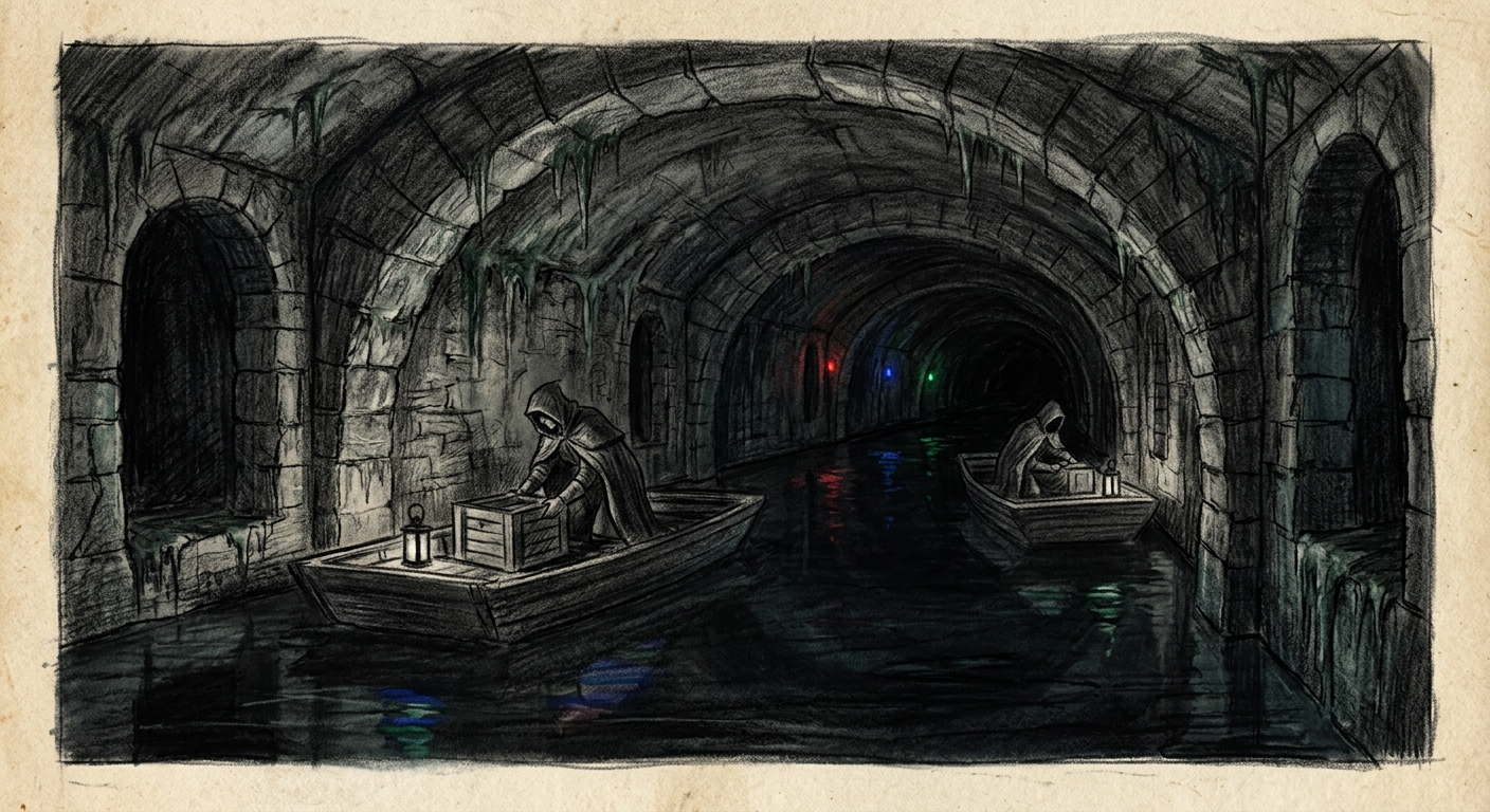 The Black Canal at night, flat-bottomed bribe boats drifting under stone arches, coloured lantern signals in the darkness