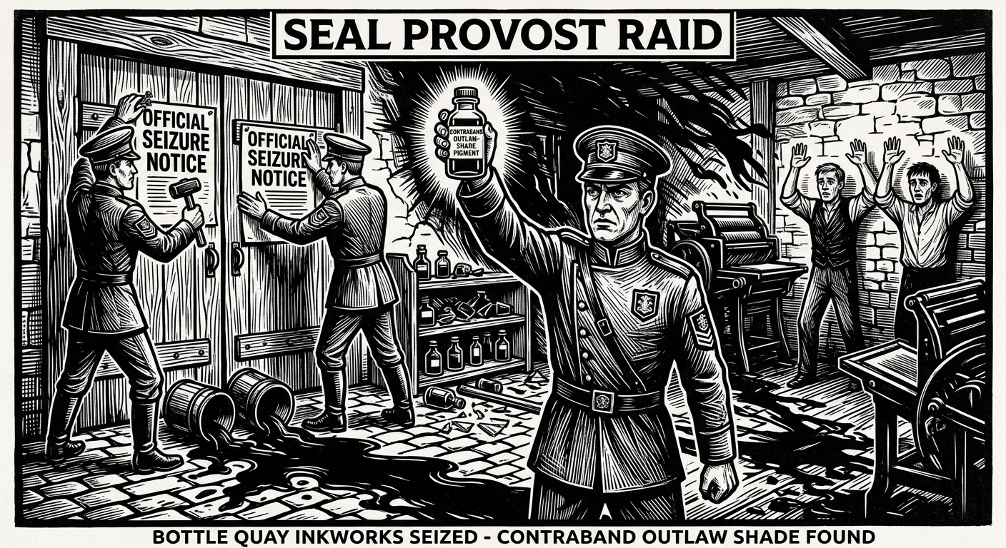 Seal Provosts nailing seizure notices to a Bottle Quay inkworks door, overturned ink vats, workers detained