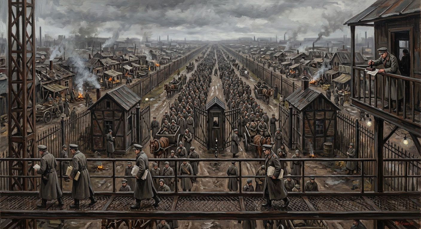 The Queue Road viewed from the catwalk gantry, thousands of travellers compressed into lanes stretching to the horizon