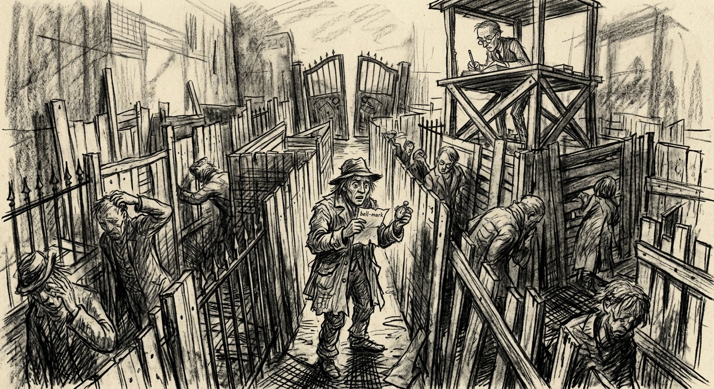 Inside the Barricade Maze, travellers stand dazed as shadows fall at impossible angles — the Minute Drift in effect