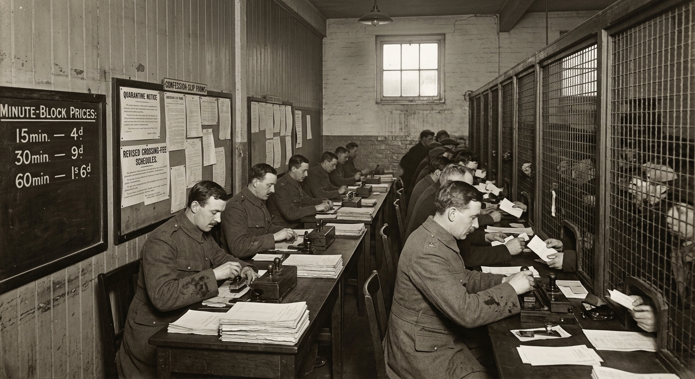 Stamp clerks at barred windows in the Ink Dock Hall, civilians pressing forward with minute-block permit slips
