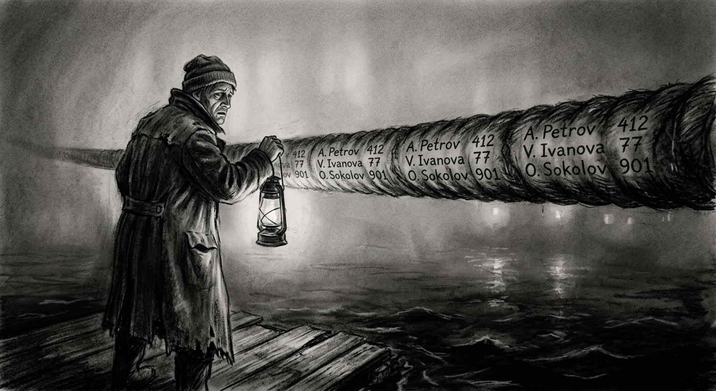 A ferryman holds a lantern to the mainline cable in fog, reading names darkened into the wet rope fibers