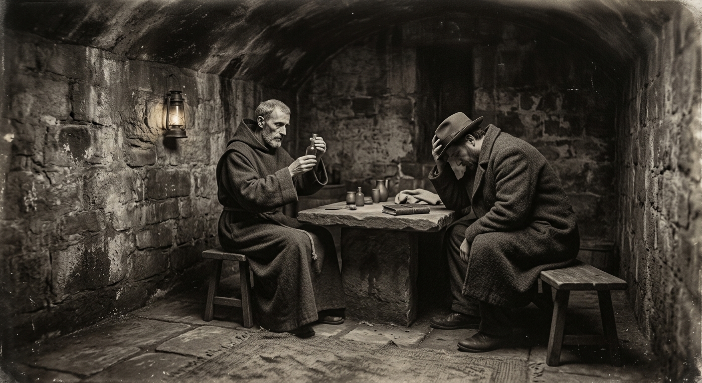 A Salt-Vigil brother holds a glass phial across a bare stone table from a hunched traveller in a dim toll-house room