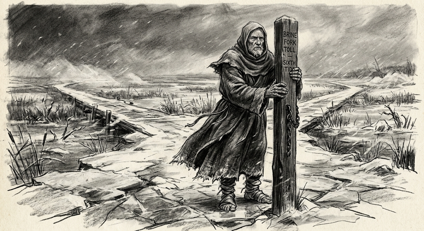 An old man in salt-stiffened wool robes stands bare-handed at a toll-post, wind pressing his robes flat, frozen causeways stretching behind him