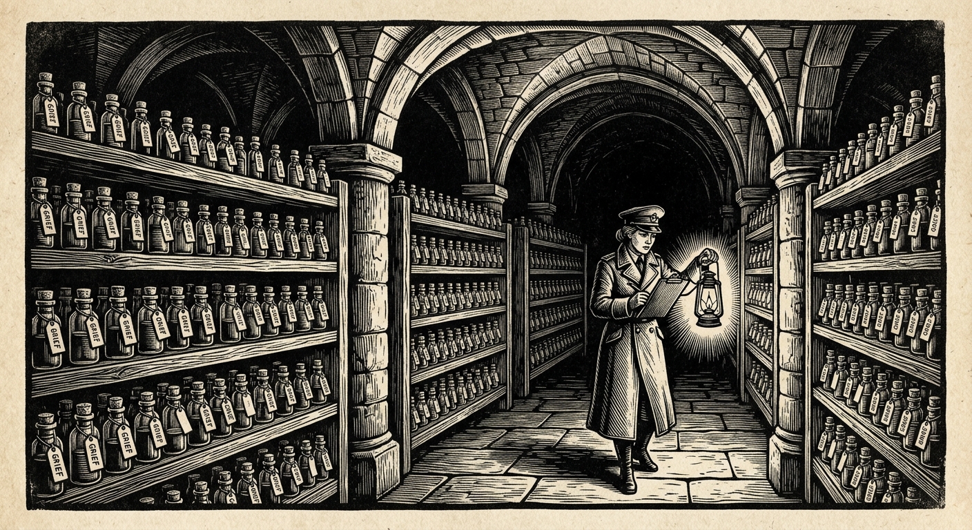 A woman with a clipboard and lantern stands among endless racks of sealed glass phials in a stone vault, the darkness beyond her lantern absolute