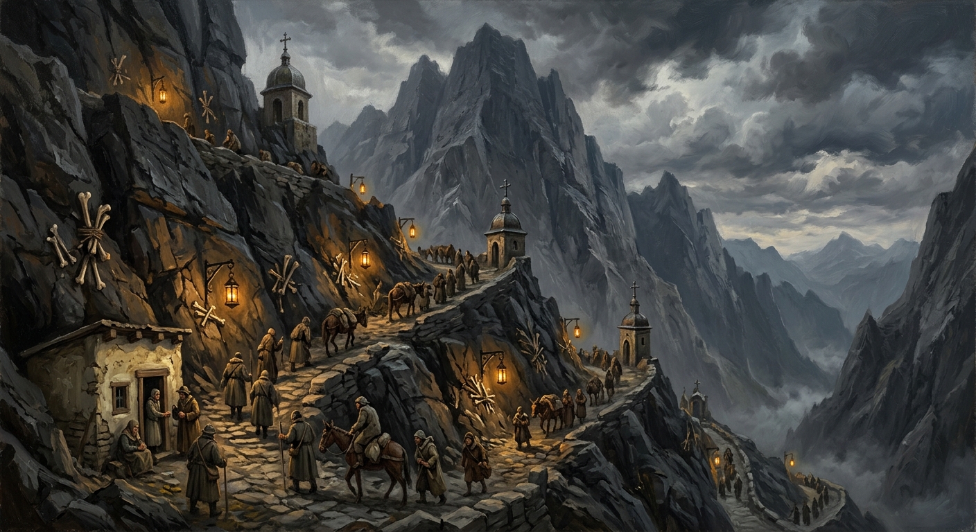 The Reliquary Switchbacks climbing a sheer Carpathian cliff face, eight hairpin turns with femur markers and shrine spires, mule caravans ascending