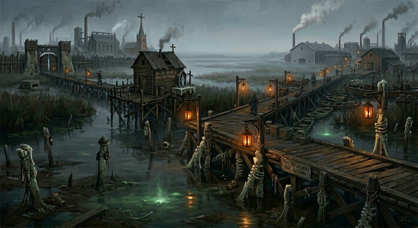 Ash-Glyph Marshworks at dusk — the Ropewalk causeway over glowing burial shallows
