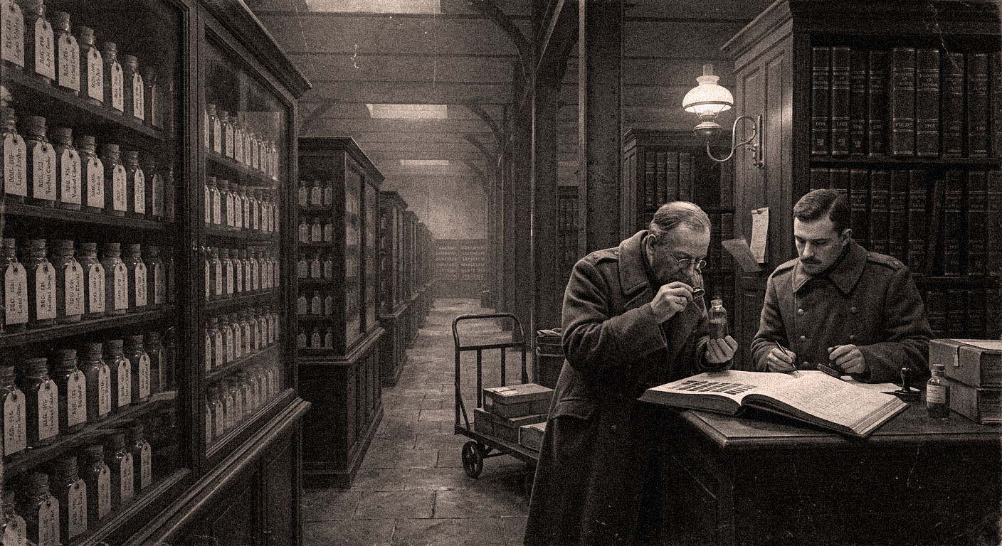 Chromatic Registry clerks examining a document against sealed colour phials under gaslight