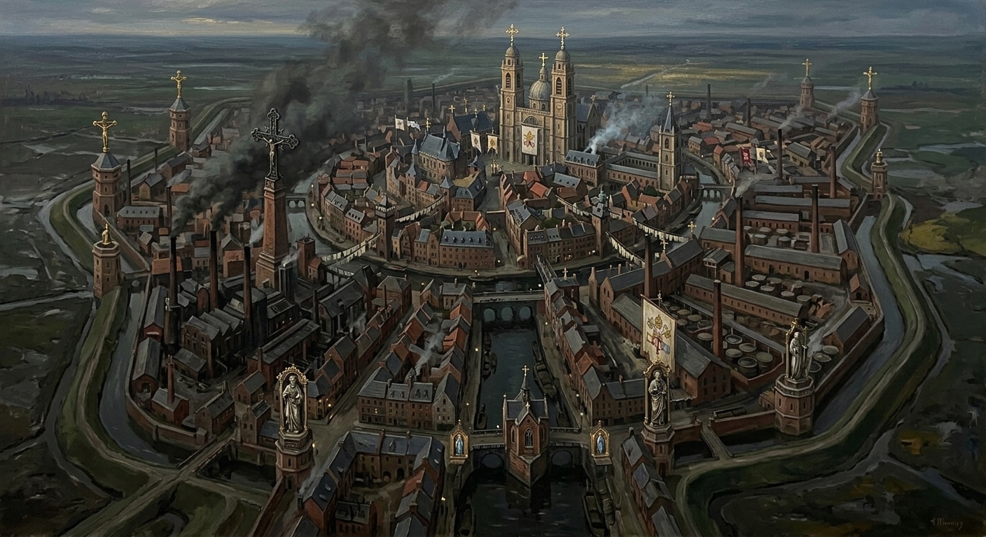 Aerial view of the Candlewick Palatinate canal city in marshland at dusk, tallow smoke rising from Wickcourt Heights