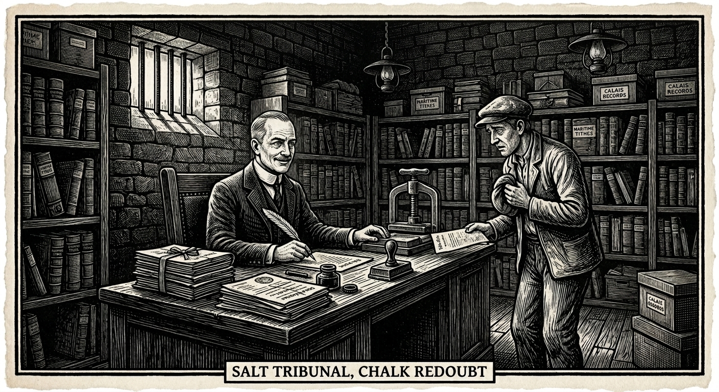 Salt Tribunal interior — Seal-Justice Corvin Hald at his desk with sea-pass documents and salt-wax seal press, a civilian petitioner before him