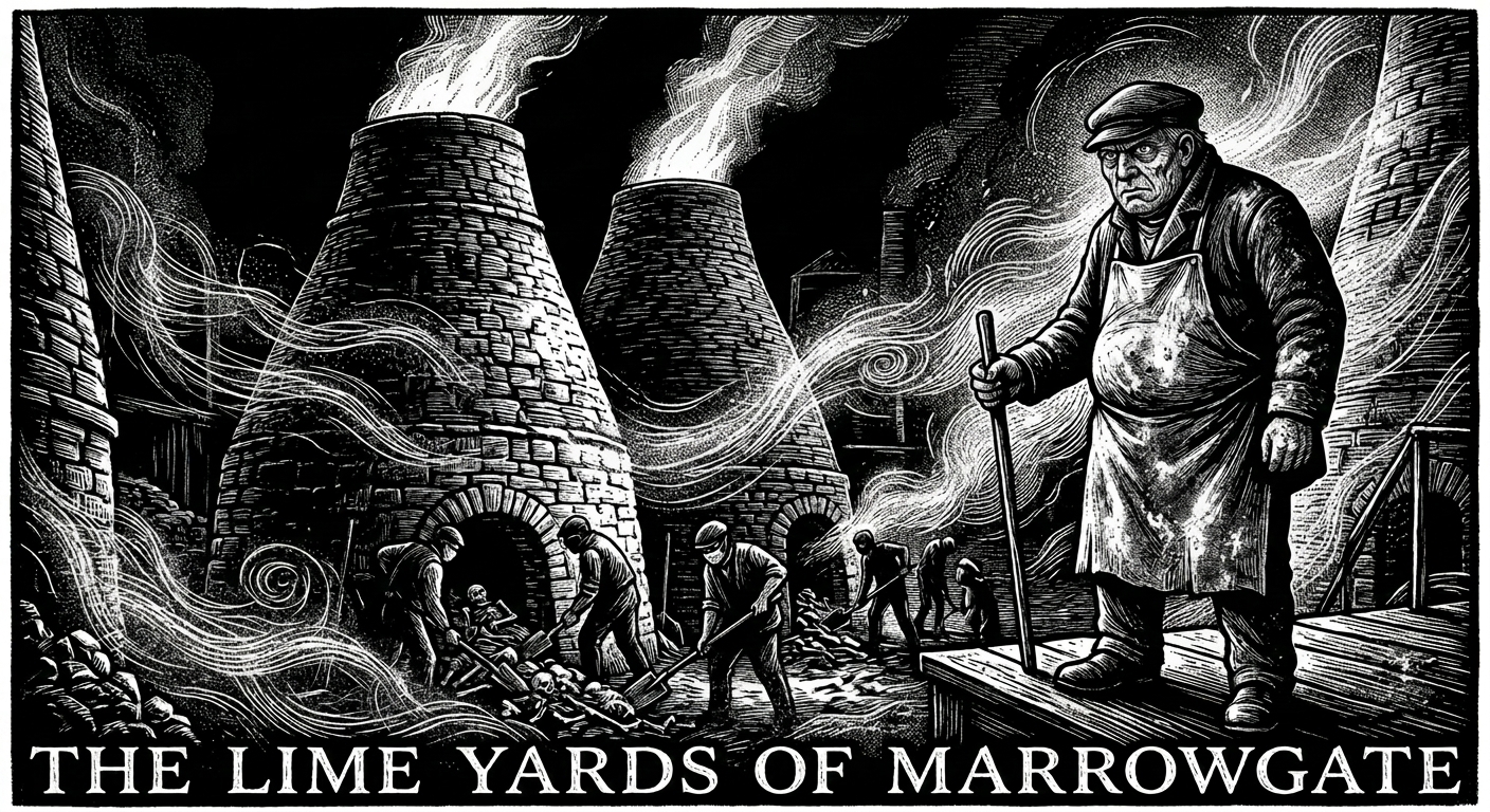 Bone-lime kilns burning at night in the Lime Yards, Kilnmaster Hark overseeing workers as the Marrowwind rises with chalk dust