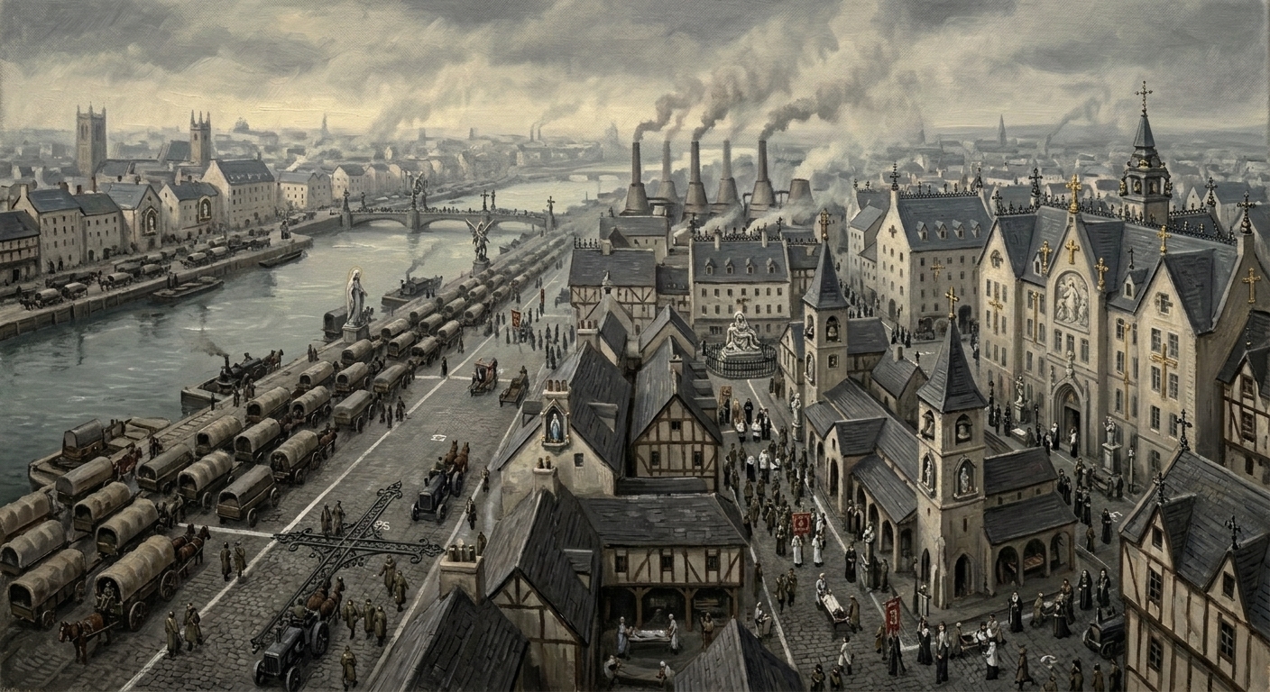 Aerial view of Marrowgate, the Sagittal Line's inland medical port, wagon quays and lime-yard kilns visible below a chalk-dusted sky