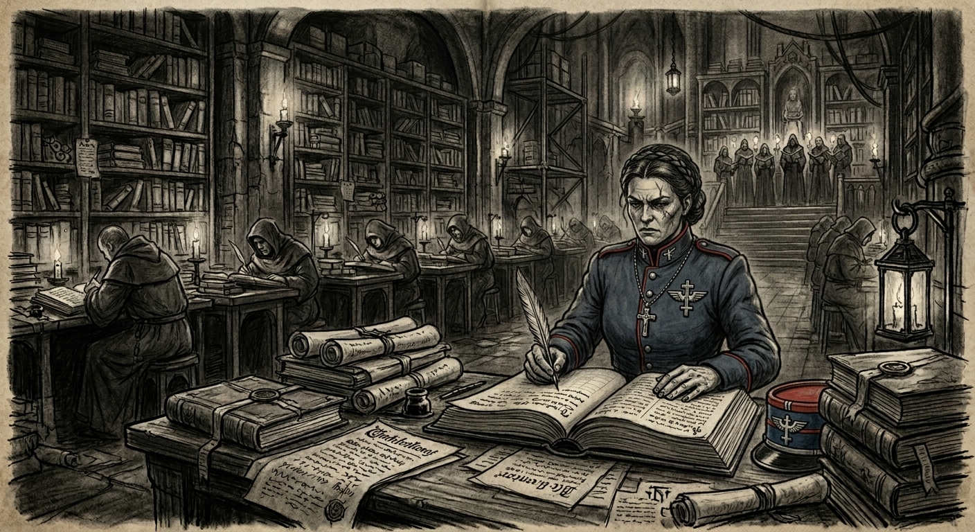 Praetor-Registrar Kelm at the Ledger Cloister desk, rows of clerks behind her in a paper-labyrinth archive