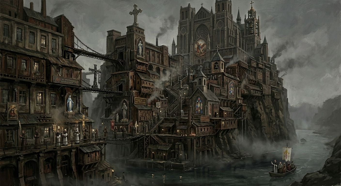 Rheinscarp from the Rhine — nine terraces stacked against the cliff face, fog rising from the dark river below, the Ration-Cathedral at the summit