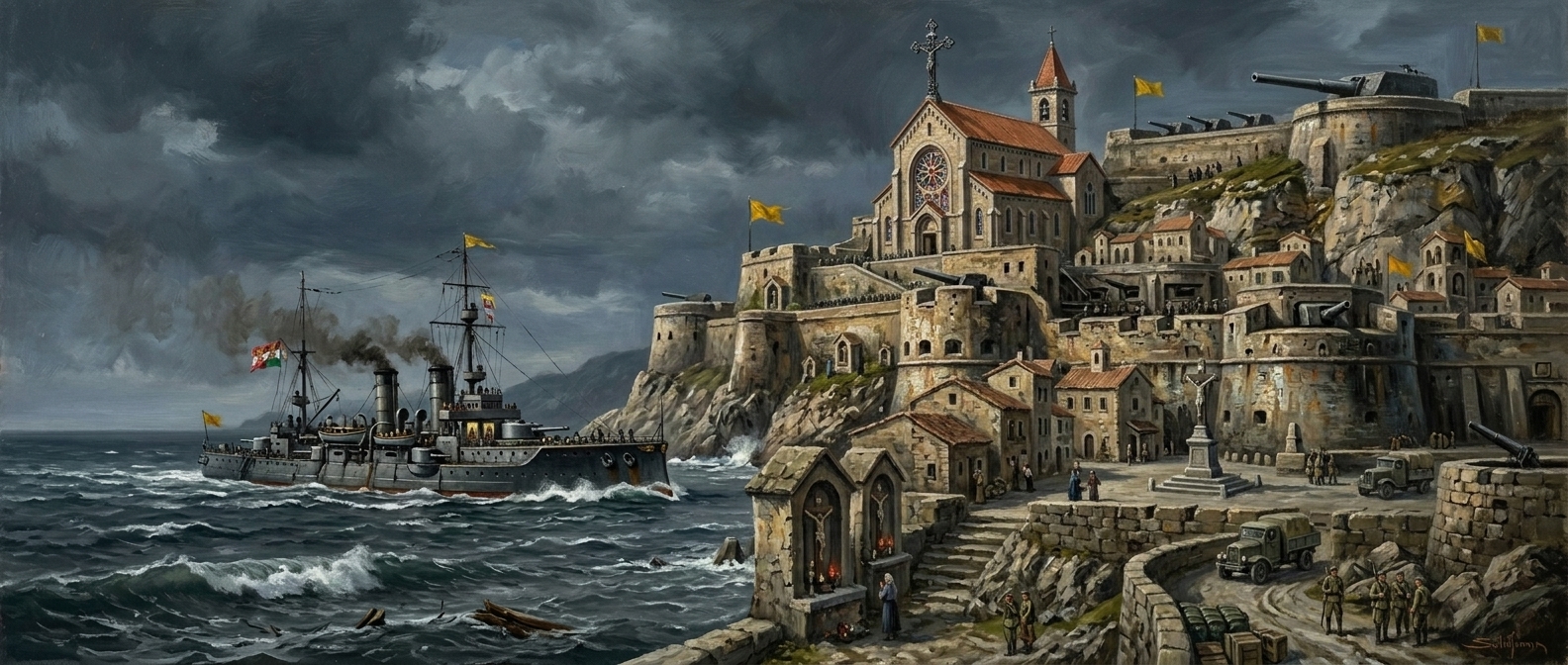 Saffron Bastion from the Adriatic Sea, terraced fortress with saffron quarantine flags over grey water