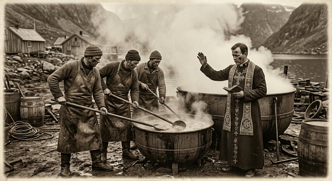 The Render Yards, iron vats of boiling seal fat tended by workers in oilskin aprons, a shrine-clerk blessing the batch with raised hand