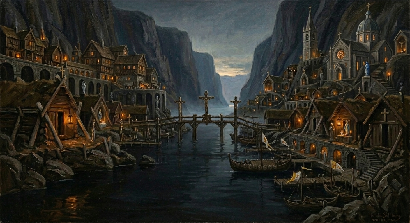 The Hrafnvik fjord at night, amber seal-oil lanterns burning in bone-braced longhouses along black water between sheer cliff walls, fog thickening on the surface