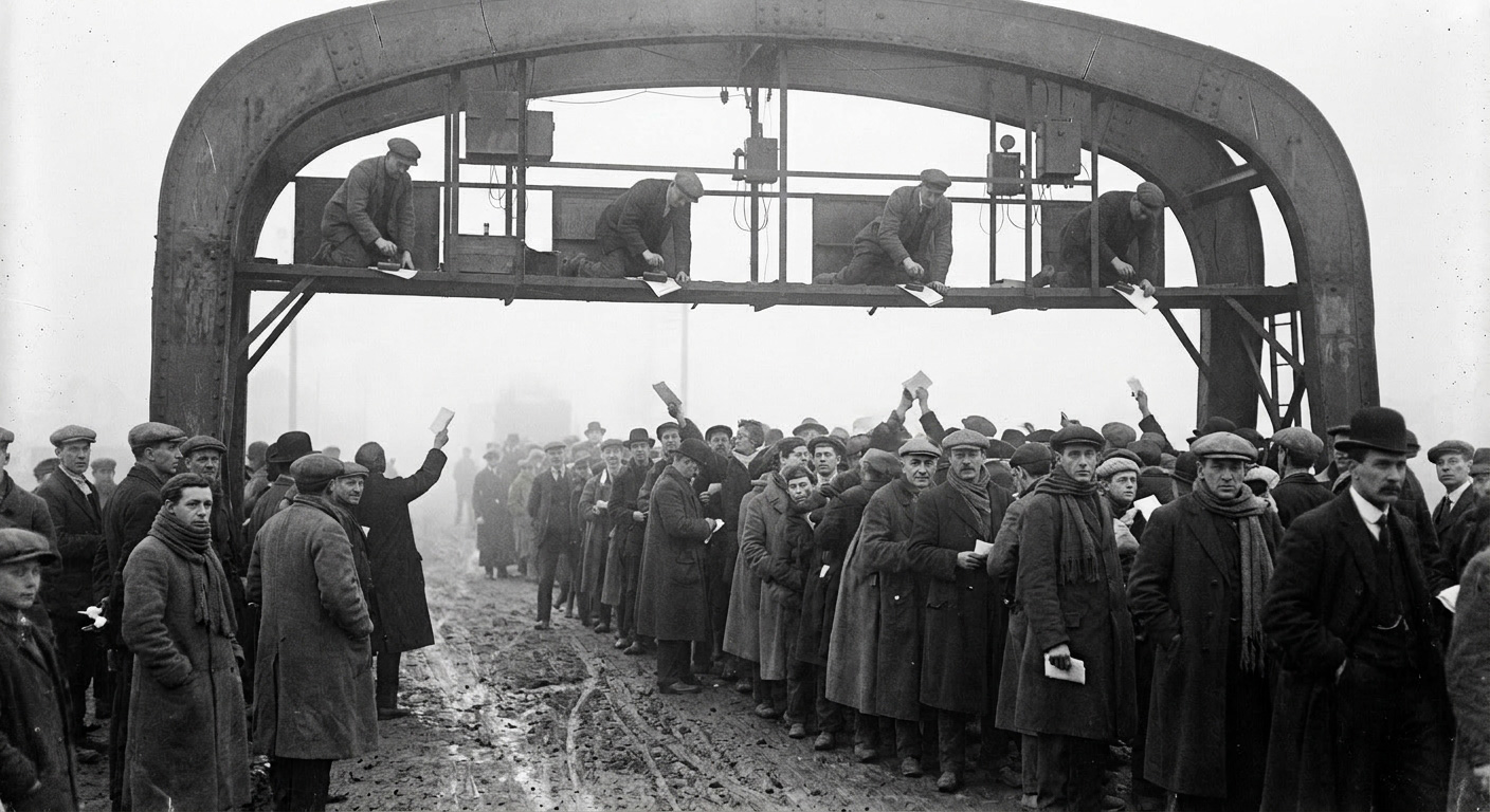 The Bell-Mark Gantry at Gate Three at dawn, stamp clerks pressing ink-marks onto papers held up by the crowd below