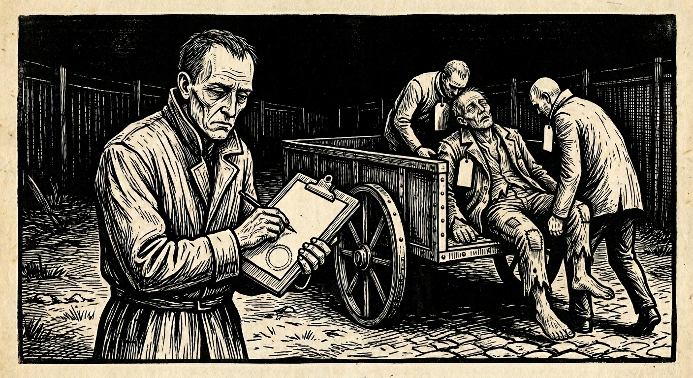 Reeve of the Null Verge supervising the loading of erased persons onto an unmarked cart at night