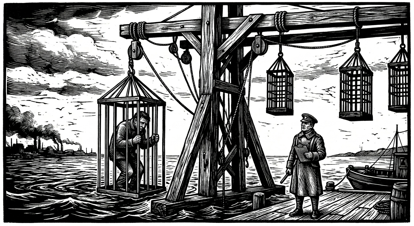 Iron drowning cages hang from the Bend Ferry gantry above the river, a provost officer watching from the dock below