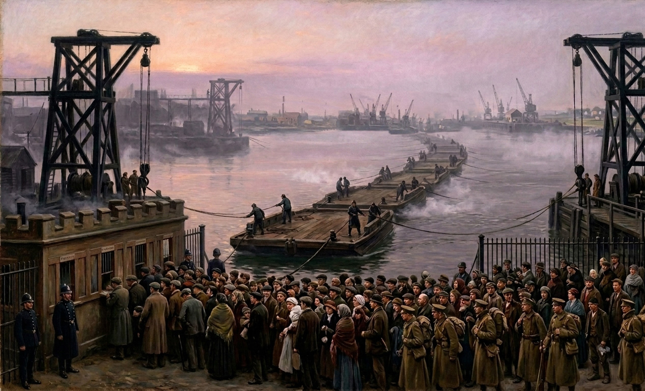 Twelve flat-bottomed ferries lashed across a fog-shrouded river at dawn, gantry towers on both banks, an immense queue pressing toward the dock ward