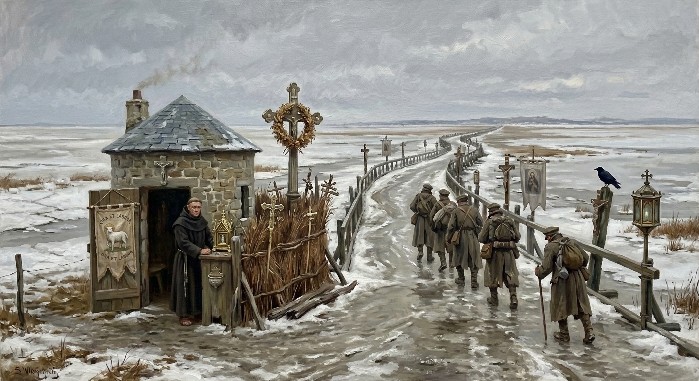A frozen marsh causeway stretching to the horizon, a line of travelers in greatcoats crossing the salt-crusted ice, a robed Salt-Vigil brother standing bare-handed at his toll-post