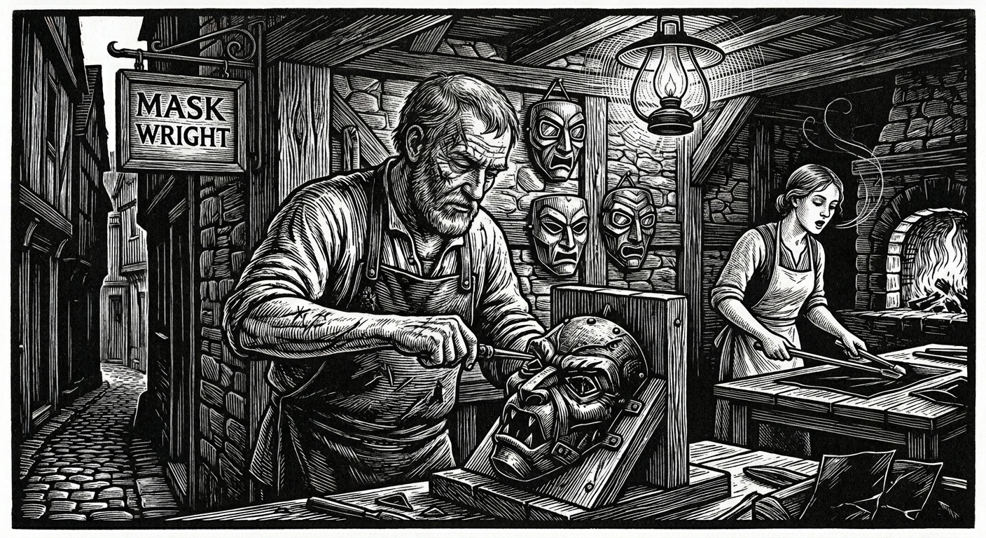 Maskwright workshop: burn-scarred craftsman pressing demon-glass shards into an iron trench mask, finished masks hanging on the wall, kiln-fire burning, apprentice singing