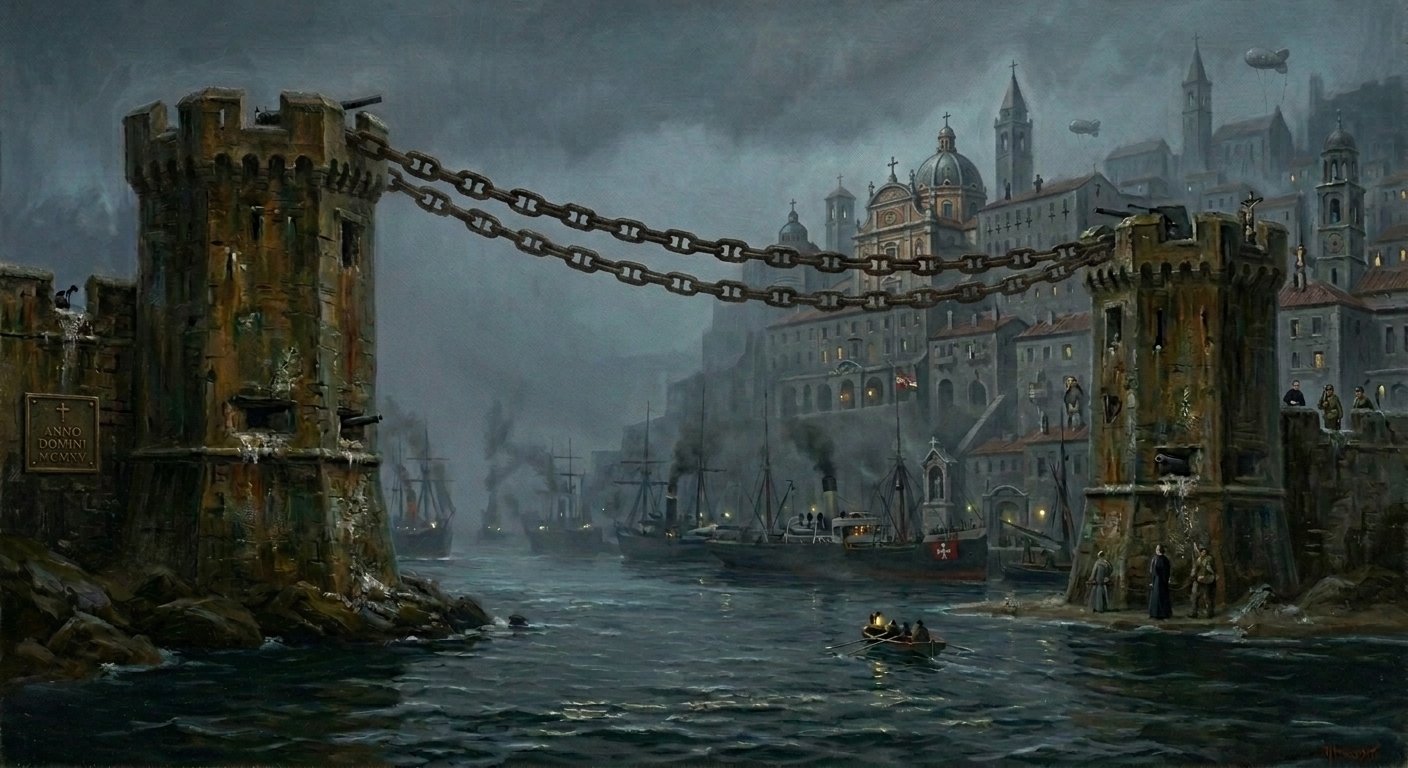 Twin Harbor-Chain Towers of Thessaloniki at dusk, Elder and Younger flanking the Aegean narrows, massive psalm-inscribed iron chains glowing over queued ships