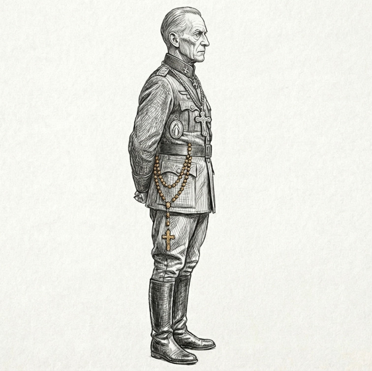 Portrait of Prior-Scribe Erem Vale, head of the Cloister Chapter — austere clerical robes, polished signet, a face that has never said the word 'mistake'.