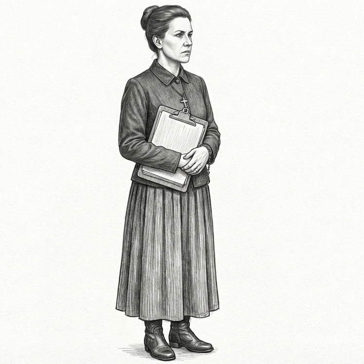 Portrait of Jossa Rill, Mistress of Intake — apron of pilgrim-classification stamps, ledger at her hip, the level gaze of a butcher grading meat.