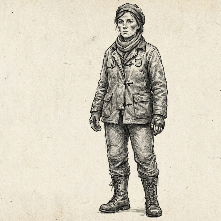 Portrait of Adèle Marivaux, Checkpoint Queue-Marshal — Bureau intake uniform, three small unseen mercies a day stitched into the lining no one is meant to see.