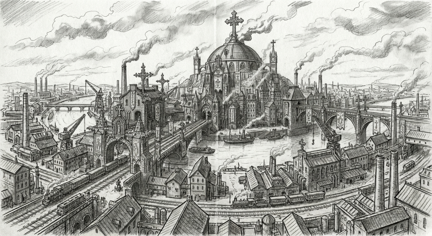 Panoramic view of Essen-of-Hymnsteel from the canalized river fork — forge-city in working glow, hymn-halls and blast-furnace towers lining the bank.