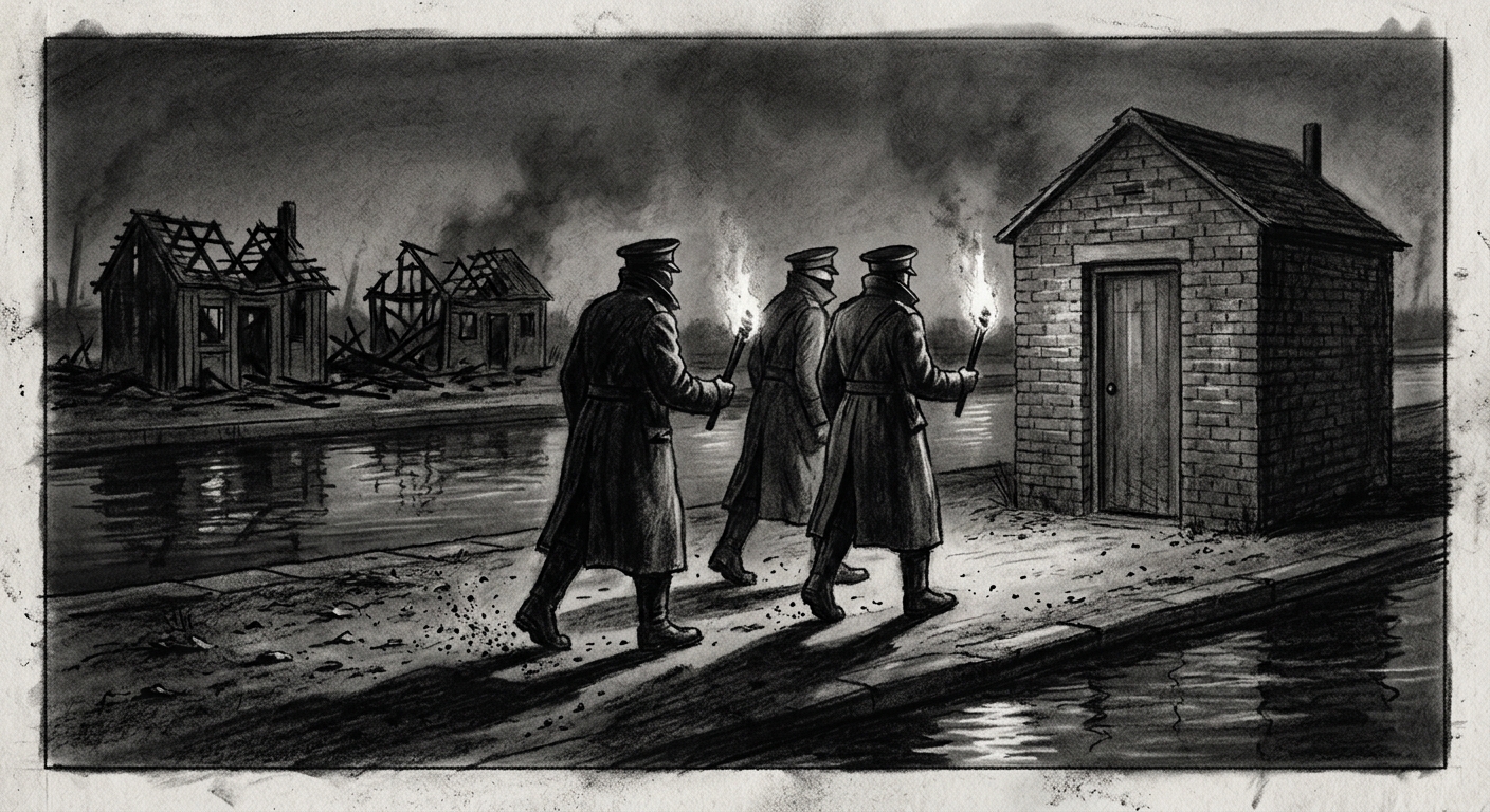 Three Ash-Fine Marshals in greatcoats approach a Canalback shack by torchlight, ash and cinders underfoot