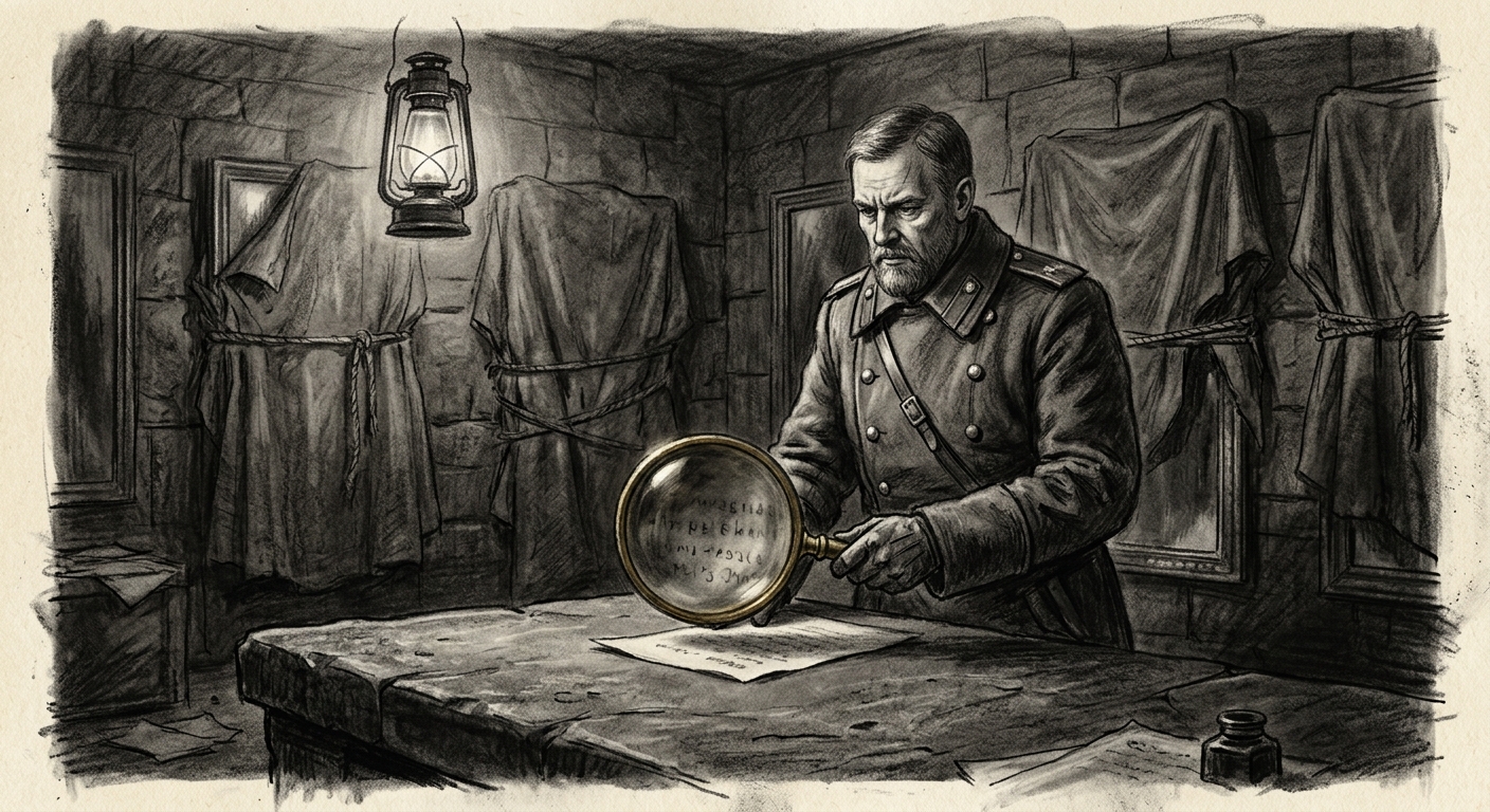 Silence-Master Rhu Tern holds a brass mirror to a document; new words bleed through the glass