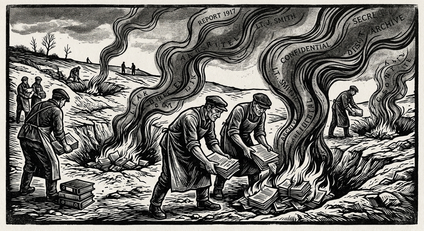 Workers feed documents into burn pits in the Redaction Yards; ash rises spelling names in the air
