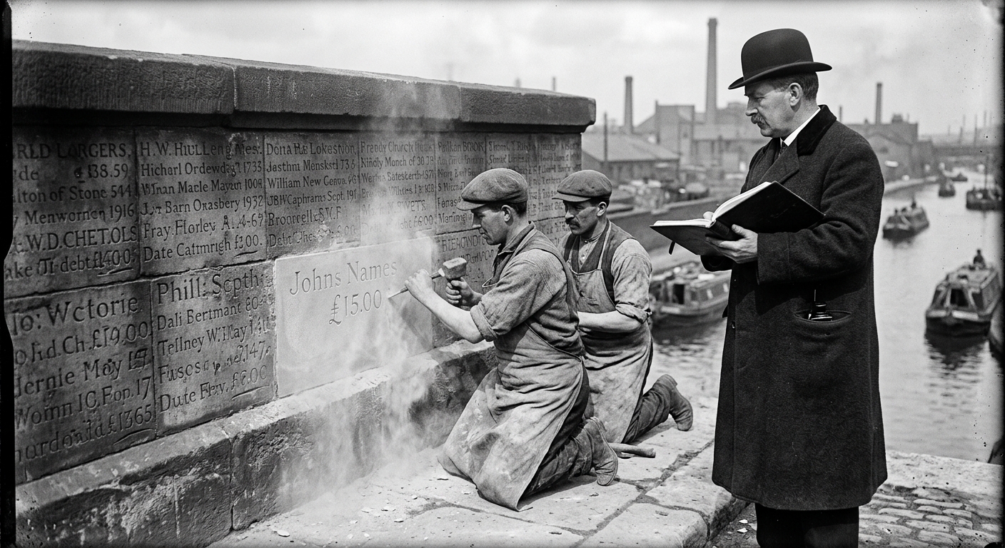 Two Stone-Ledger masons chiselling names and debt figures into a bridge parapet, a Bridge-Scribe Collegium official watching with ledger open