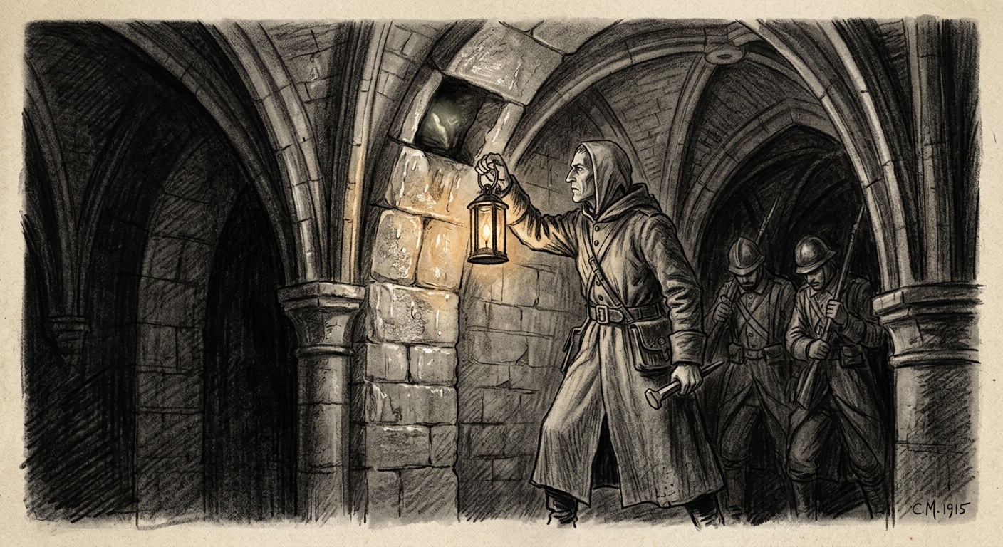 Canon-Inquisitor Silex Marrow holding a lantern to a glowing keystone cavity in the Saintspan vault rib, chisel in hand, two provost soldiers behind him in shadow