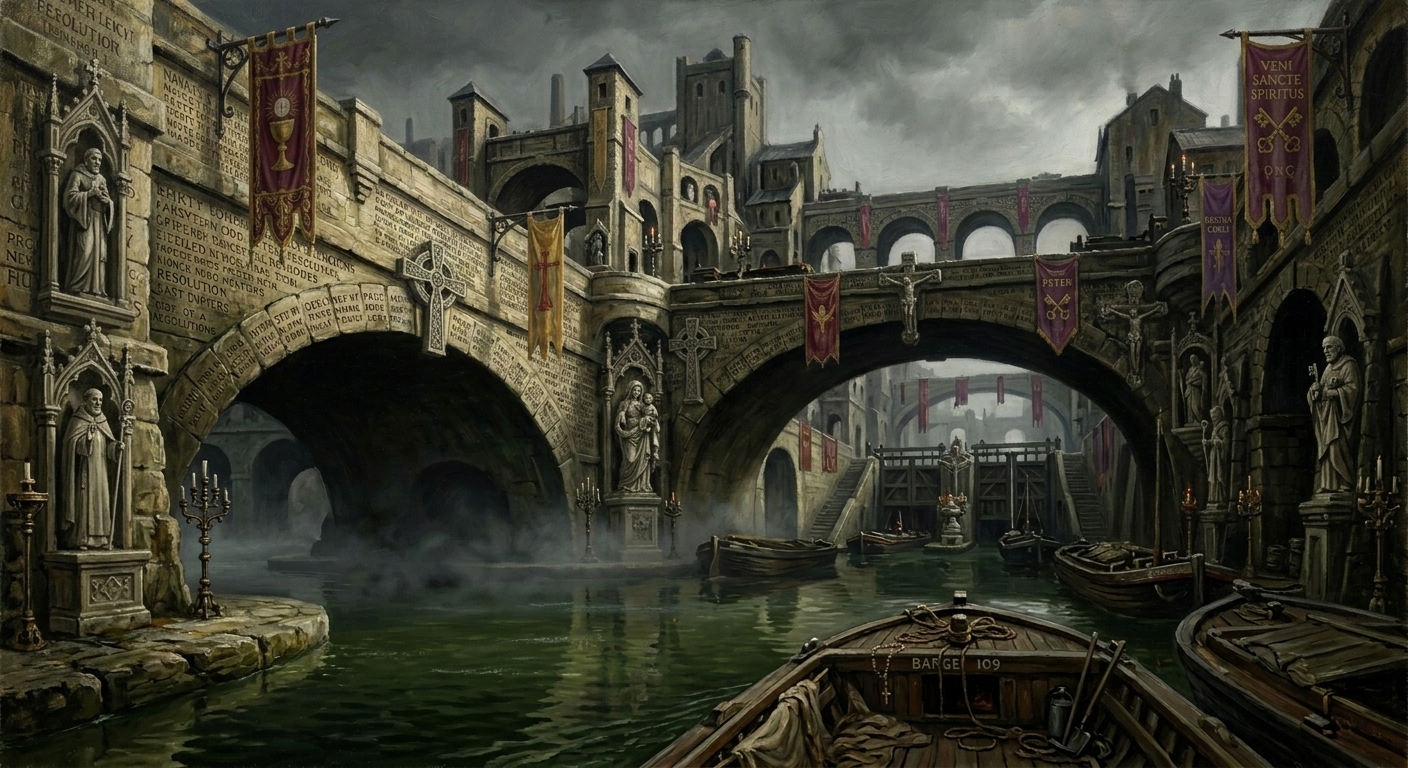 The Archivolt Causeyworks viewed from a canal barge — stone bridges inscribed with names and debts arching over murky water, fog under the lowest spans, the Triple Lock staircase of water-gates in the middle distance