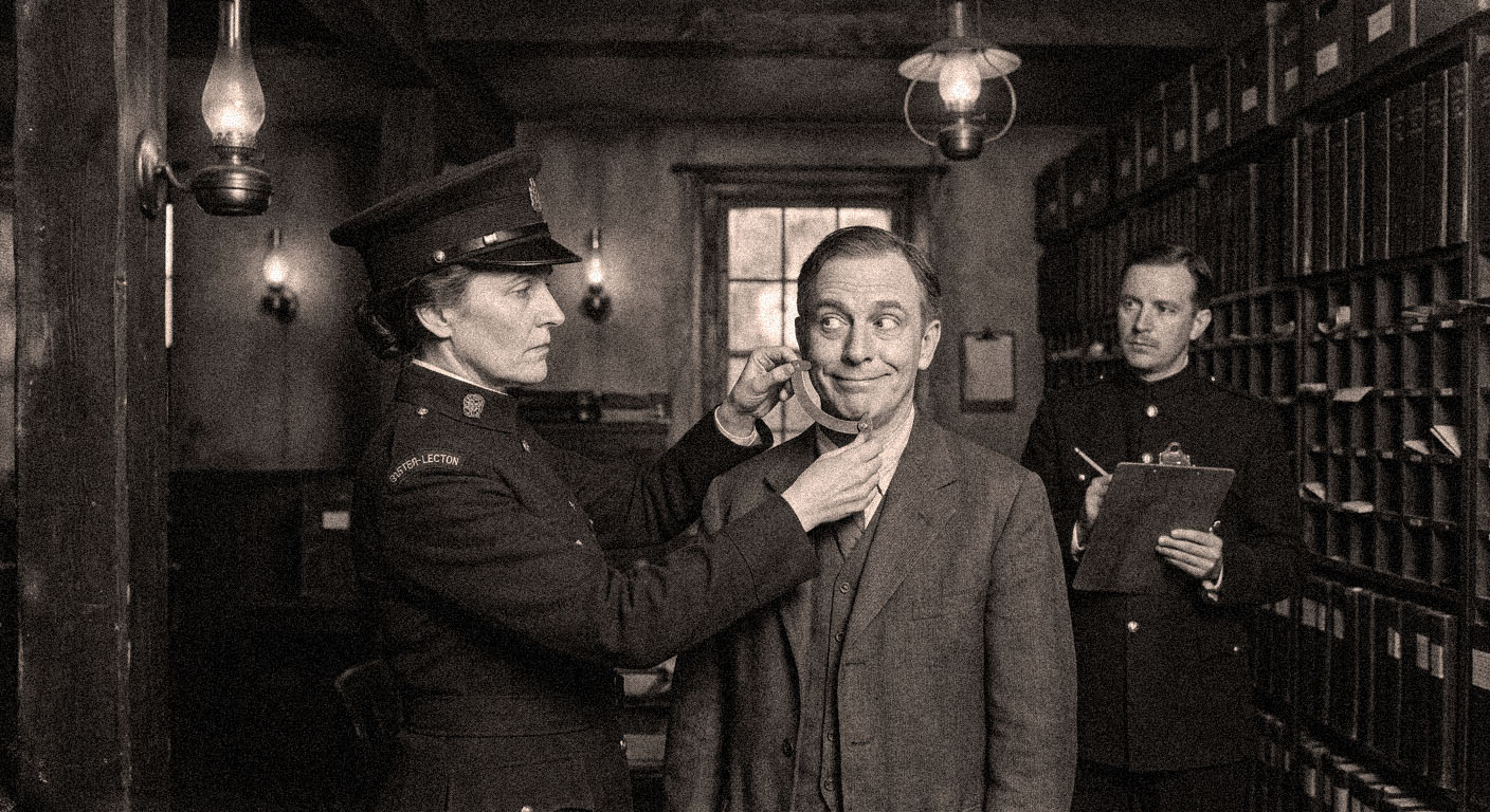 Sister-Lector Neme Varr applies the curved brass smile-gauge to a citizen's face in the Mirth Office