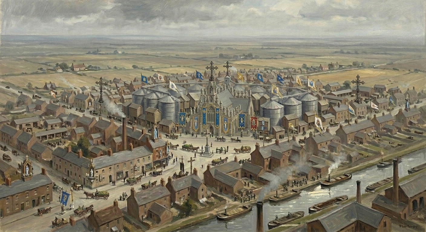 Aerial view of Wexel's fourteen-silo crown encircling Parliament Square, grain dust hanging like fog over the Hessian lowlands