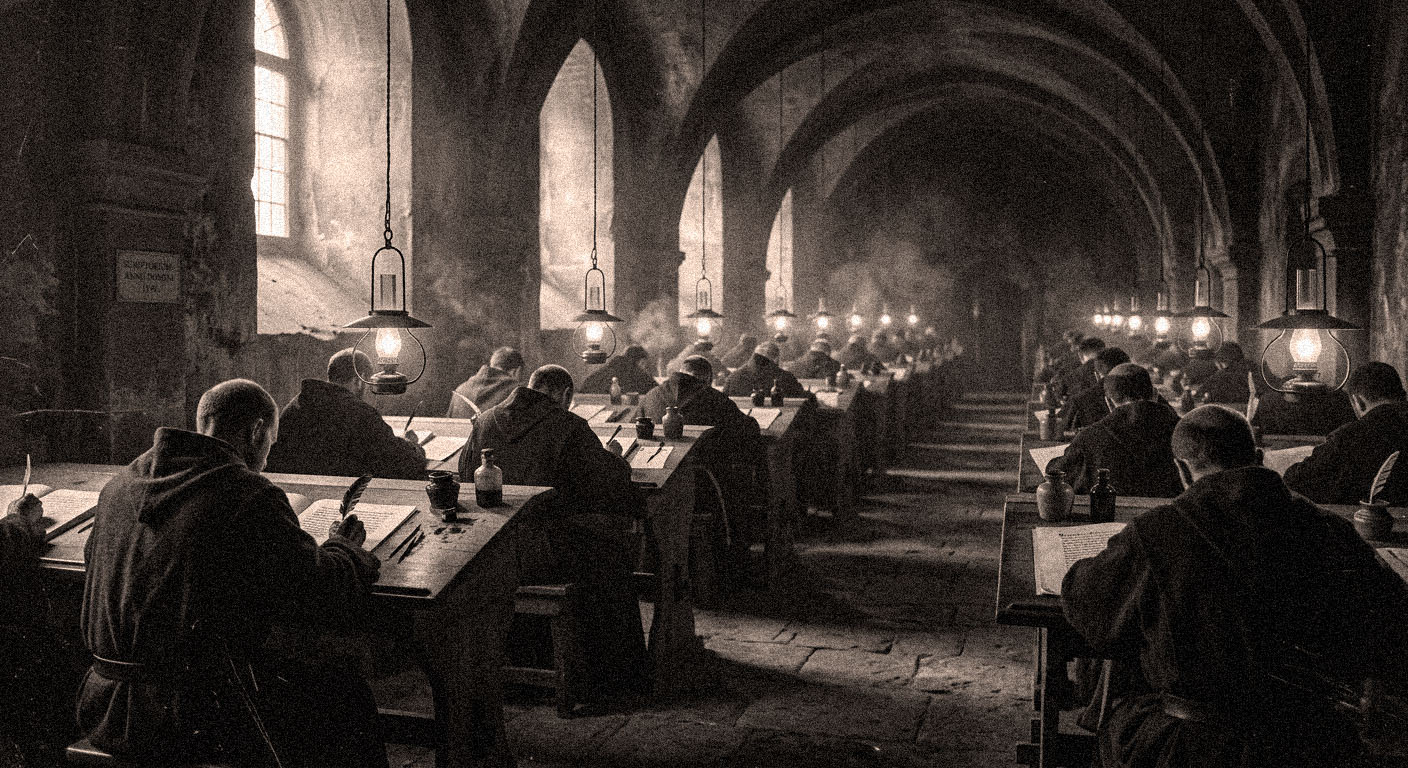 Scribes hunched over lampglass desks in the copying halls, hands ink-stained black