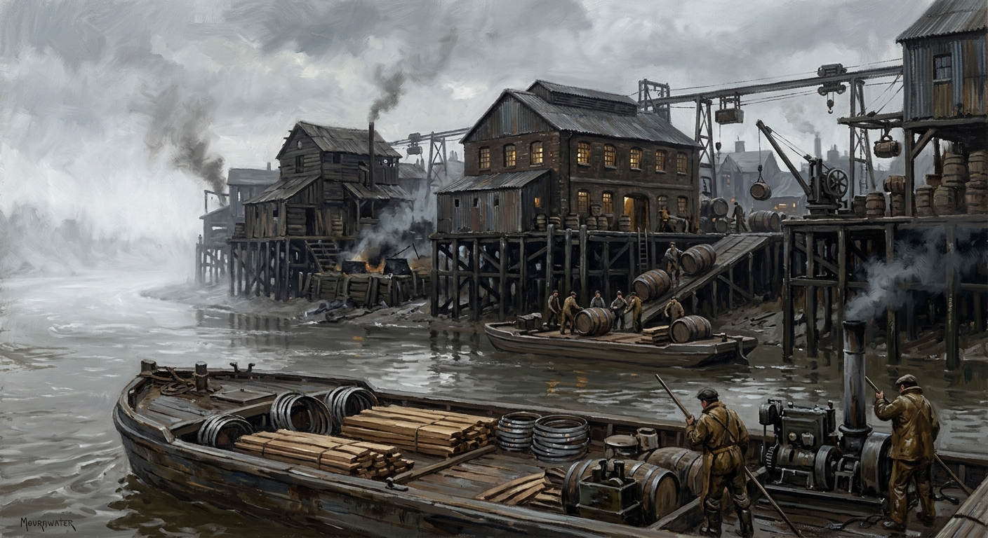 Mournwater cooperage town seen from the river: timber pilings, barrel stacks on wharves, slurry docks below flood mark, mist rising over grey water