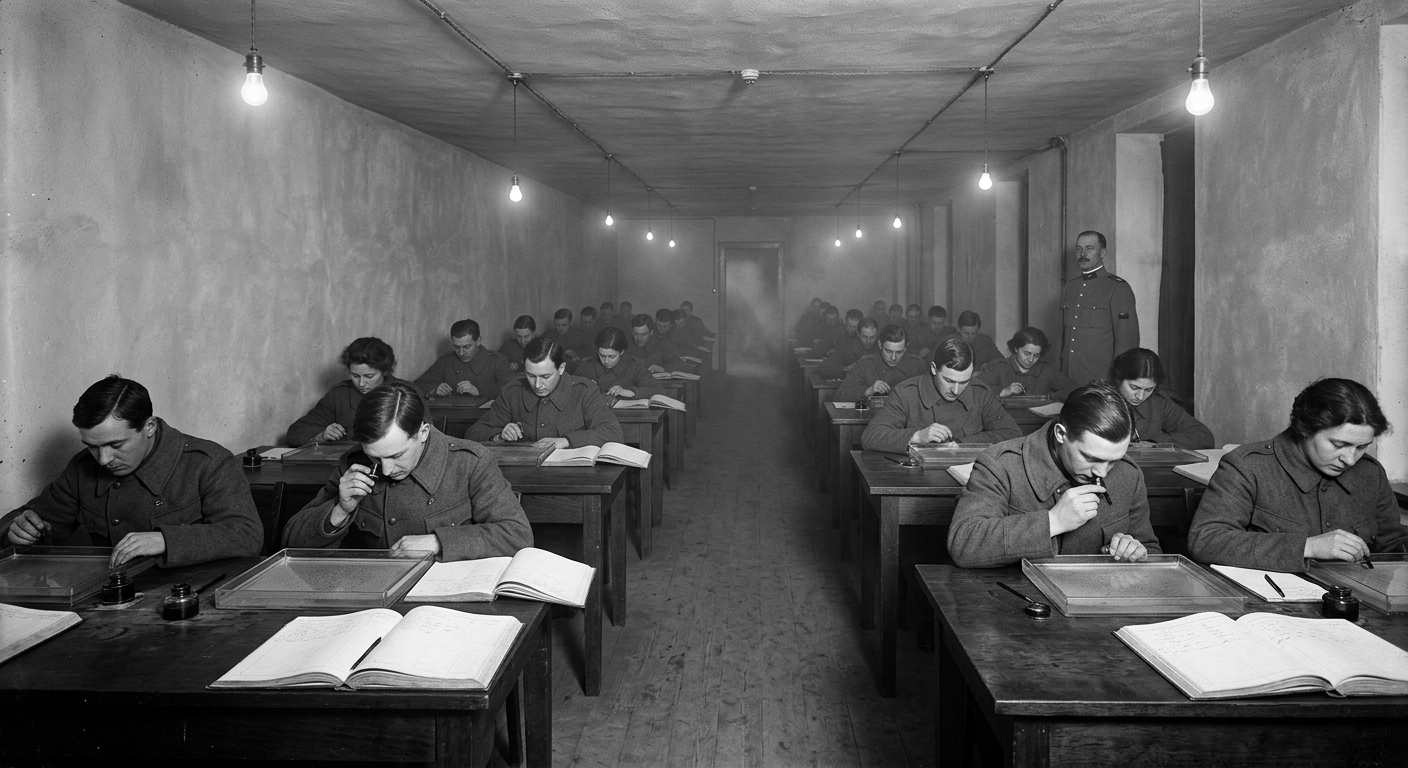 Graders in military coats bent over glass settling dishes in the Grading Hall of Settled Light, dim lamplight, chalky haze