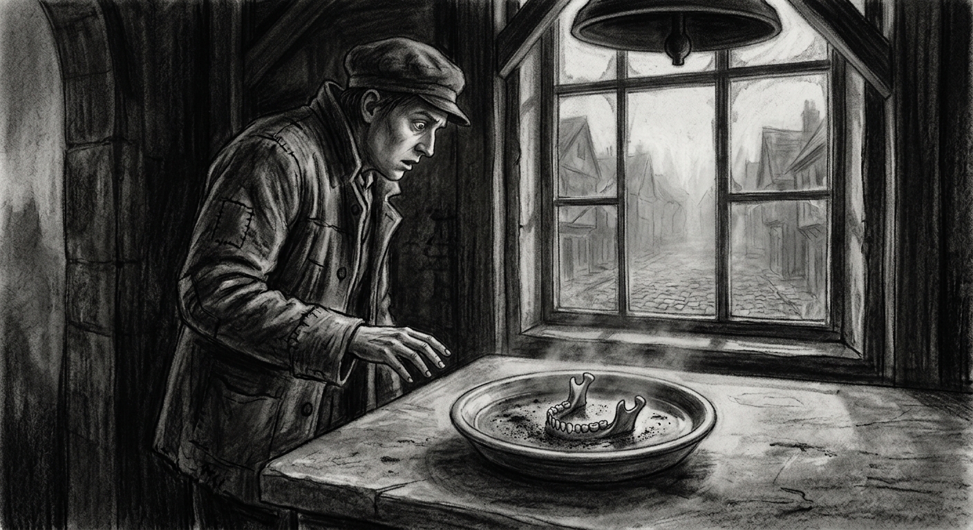 A grader stands rigid over a settling dish in which saint-dust has descended into the shape of a jawbone; the town frozen in silence beyond the window