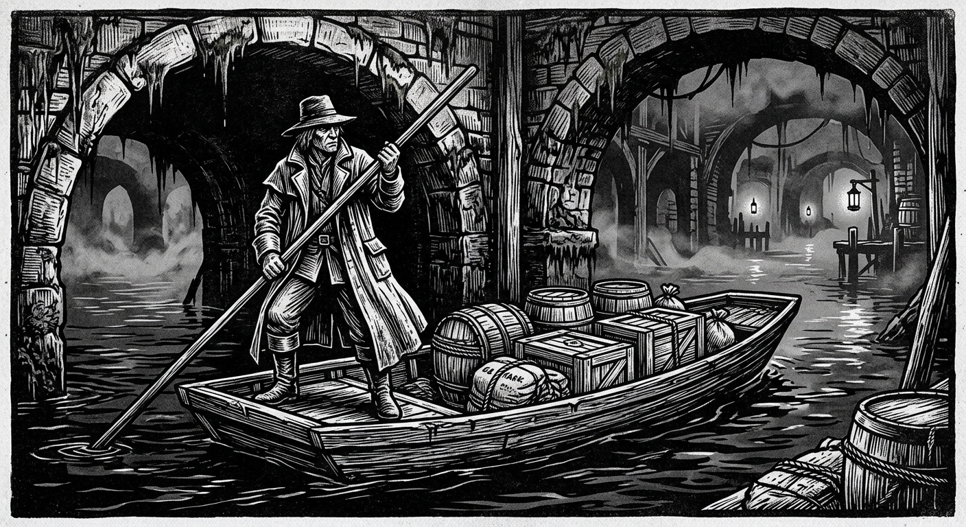 Silt-Rook Dema poles a flat-bottomed skiff through fog-shrouded flooded under-streets at night, sealed casks behind him, boots conspicuously dry